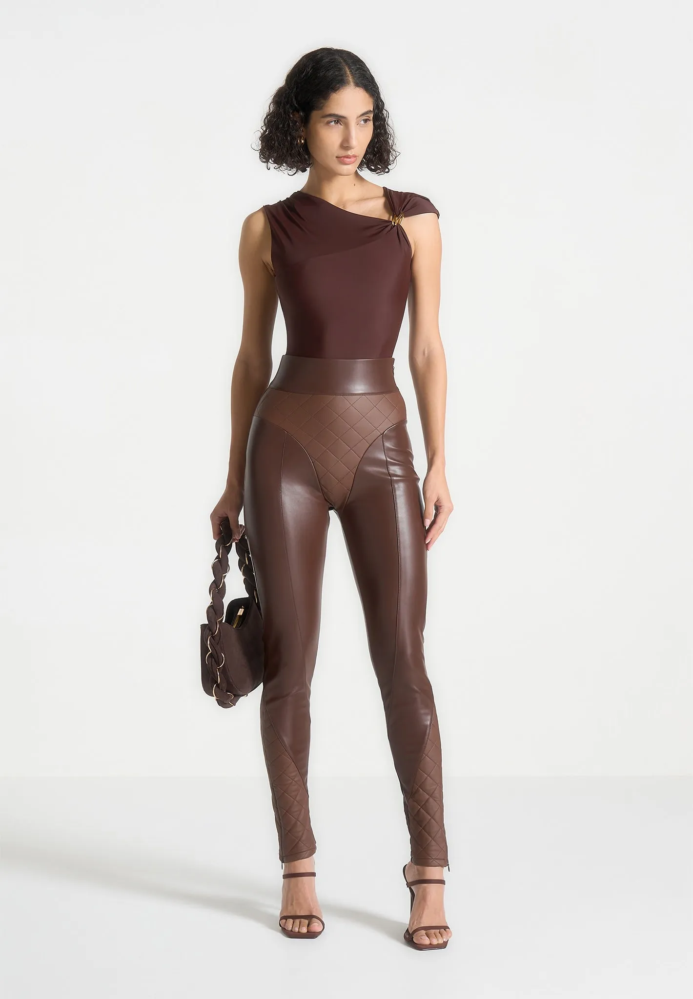 Leather Quilted Leggings - Brown