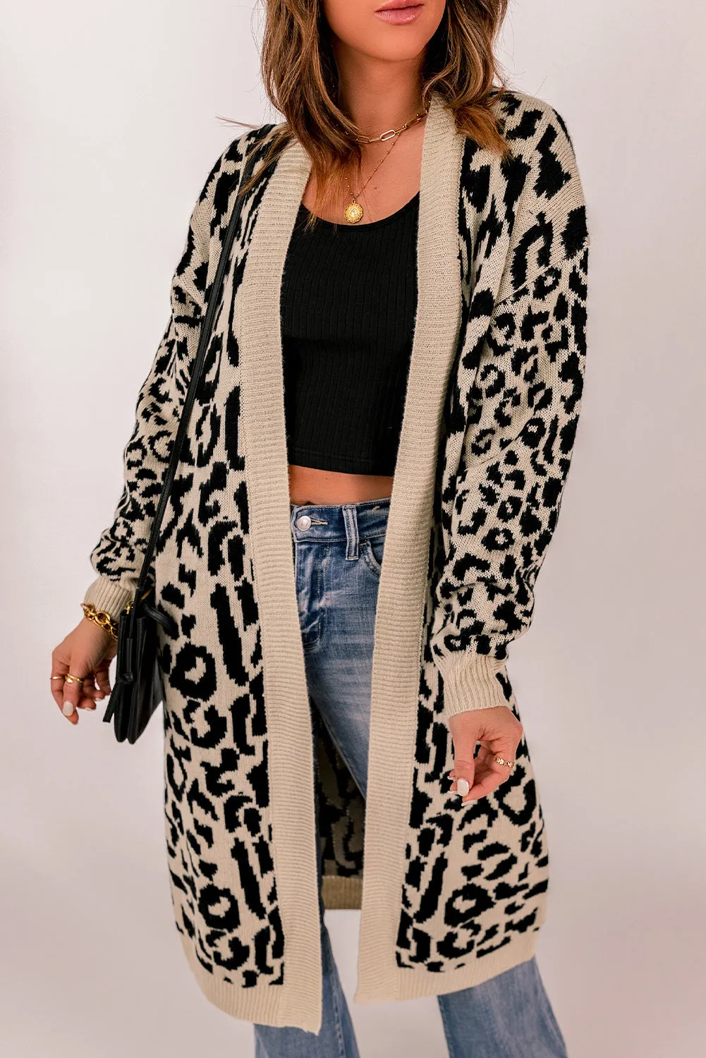 Leopard Pattern Knit Casual Long Cardigan