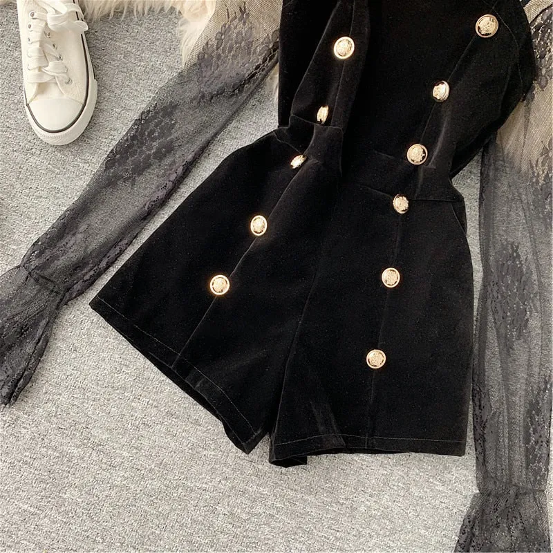 Long Sleeve Lace Embroidery Shirt Women Double Breasted Playsuits Slim Velvet Jumpsuits