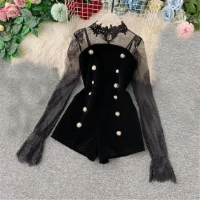 Long Sleeve Lace Embroidery Shirt Women Double Breasted Playsuits Slim Velvet Jumpsuits