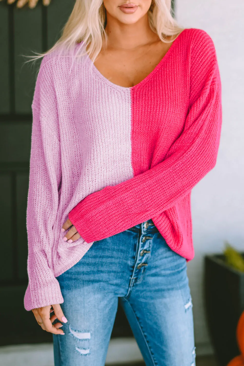 Long Sleeve V-Neck Colorblock Sweater