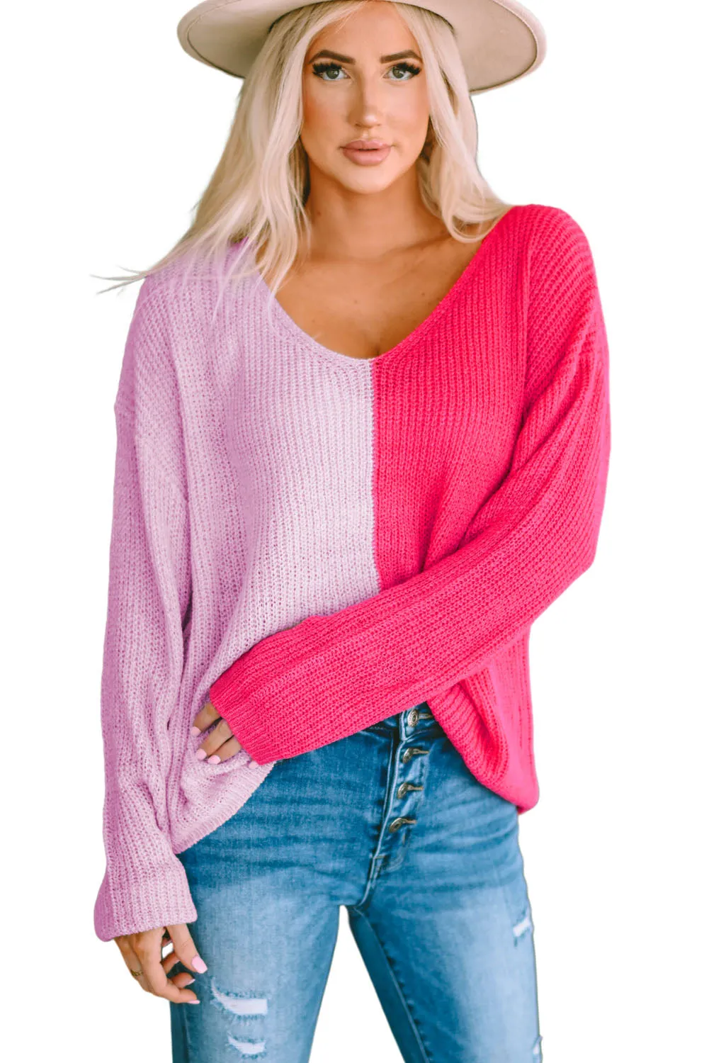 Long Sleeve V-Neck Colorblock Sweater