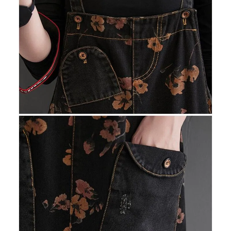 Loose Jeans Jumpsuit Women Casual Baggy Pants Floral Denim Overalls