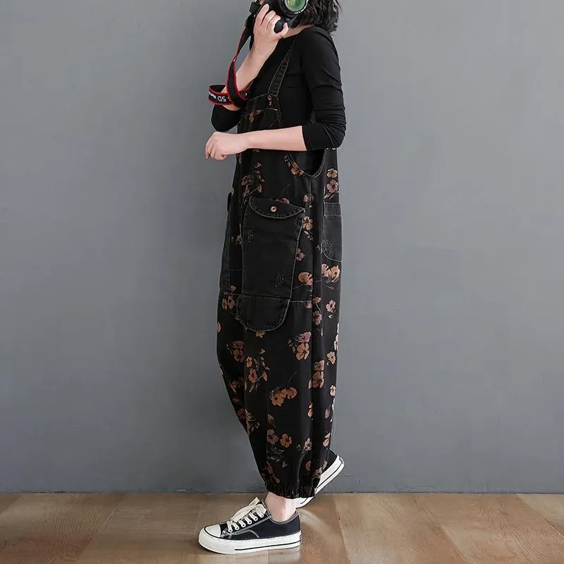 Loose Jeans Jumpsuit Women Casual Baggy Pants Floral Denim Overalls