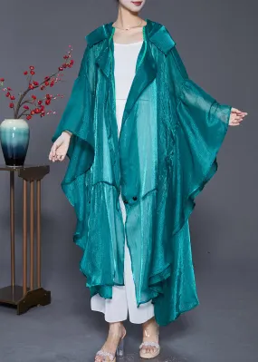 Loose Peacock Green Hooded Patchwork Silk Long Cardigans Summer