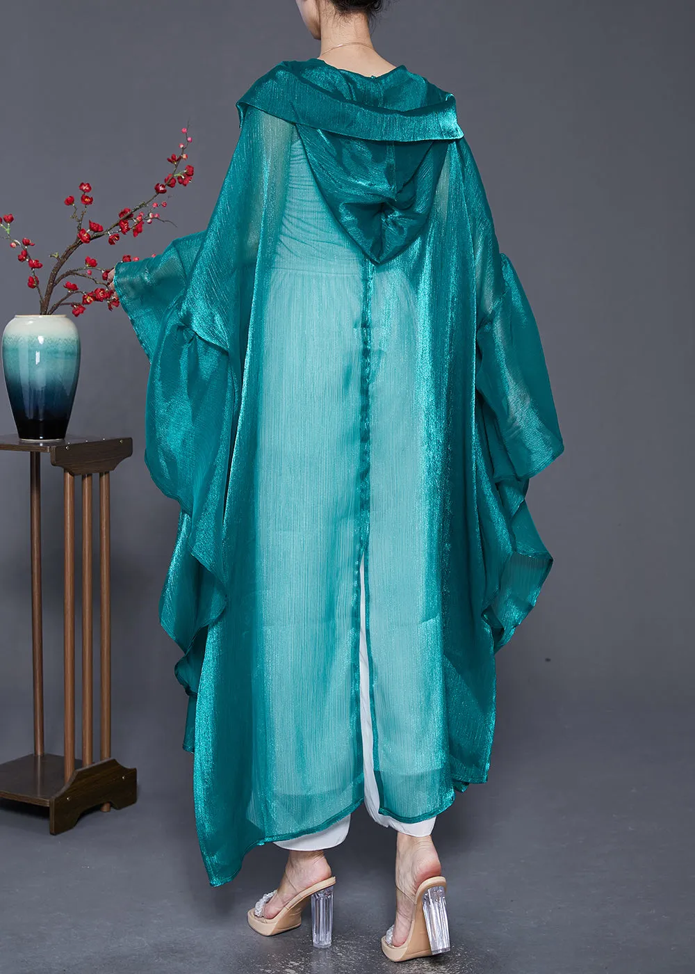 Loose Peacock Green Hooded Patchwork Silk Long Cardigans Summer