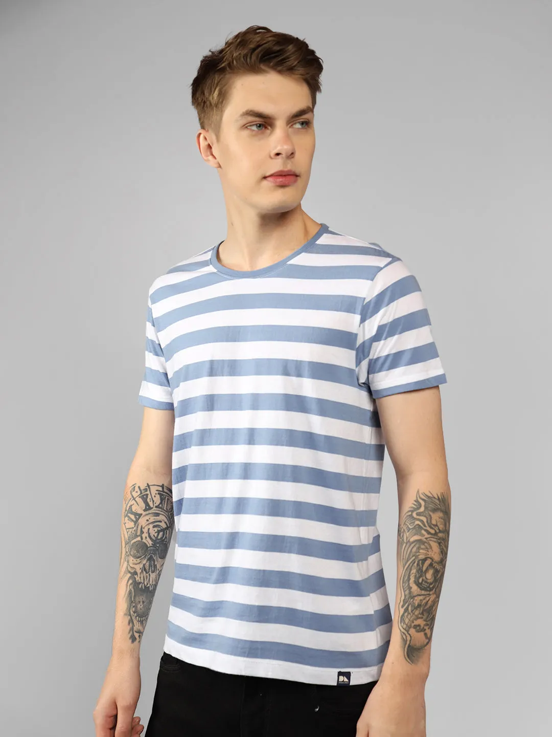 Men's Mid Blue Striped Crew Neck Half sleeve Regular fit T-Shirt