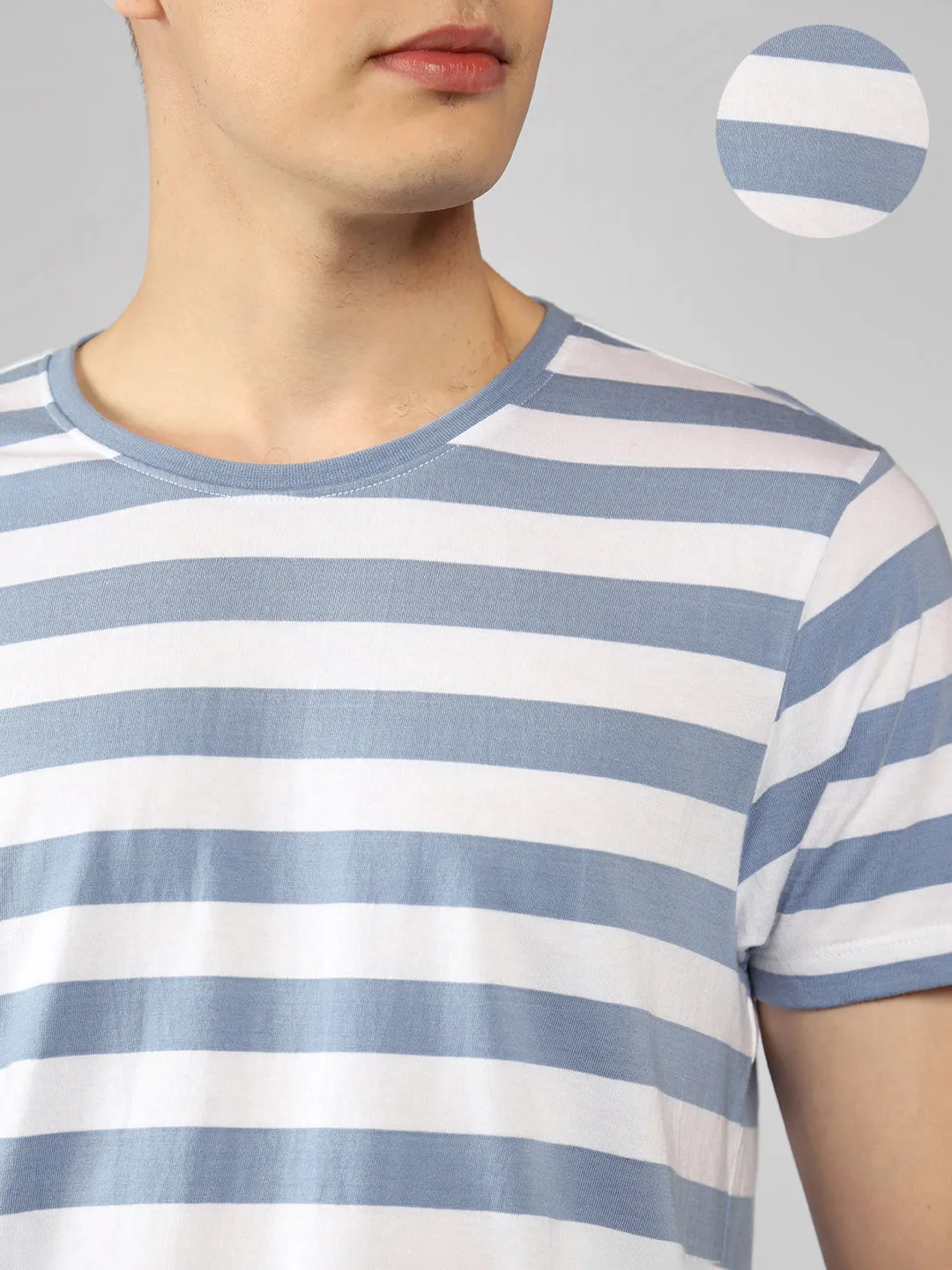 Men's Mid Blue Striped Crew Neck Half sleeve Regular fit T-Shirt