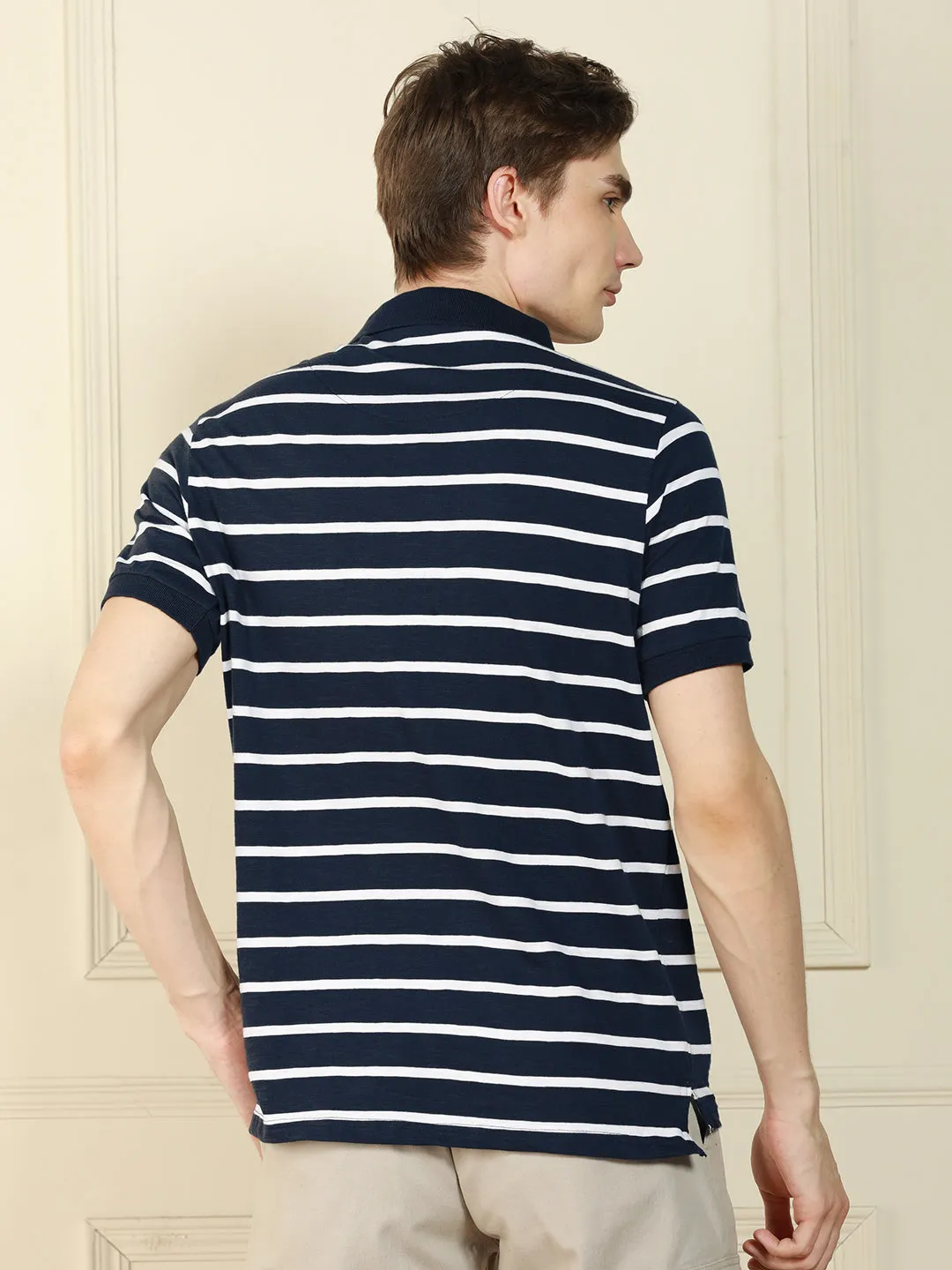 Men's Navy Polo Collar Striped Cotton T-Shirt