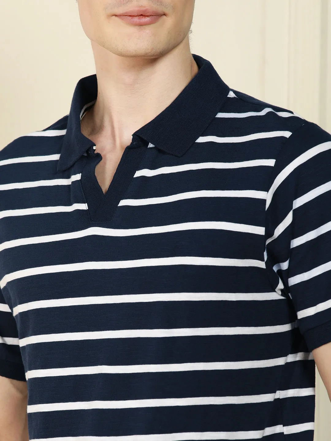 Men's Navy Polo Collar Striped Cotton T-Shirt