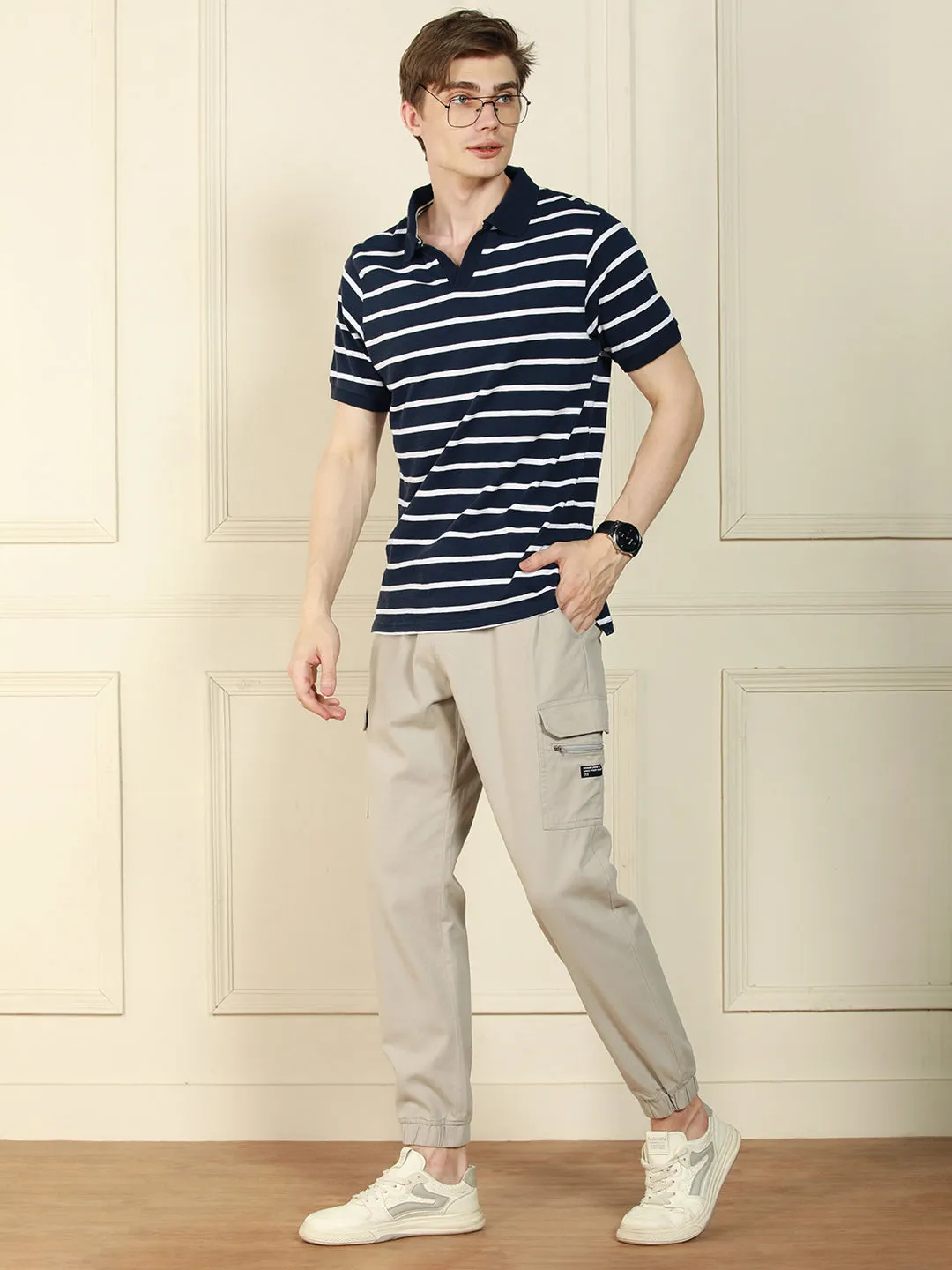 Men's Navy Polo Collar Striped Cotton T-Shirt