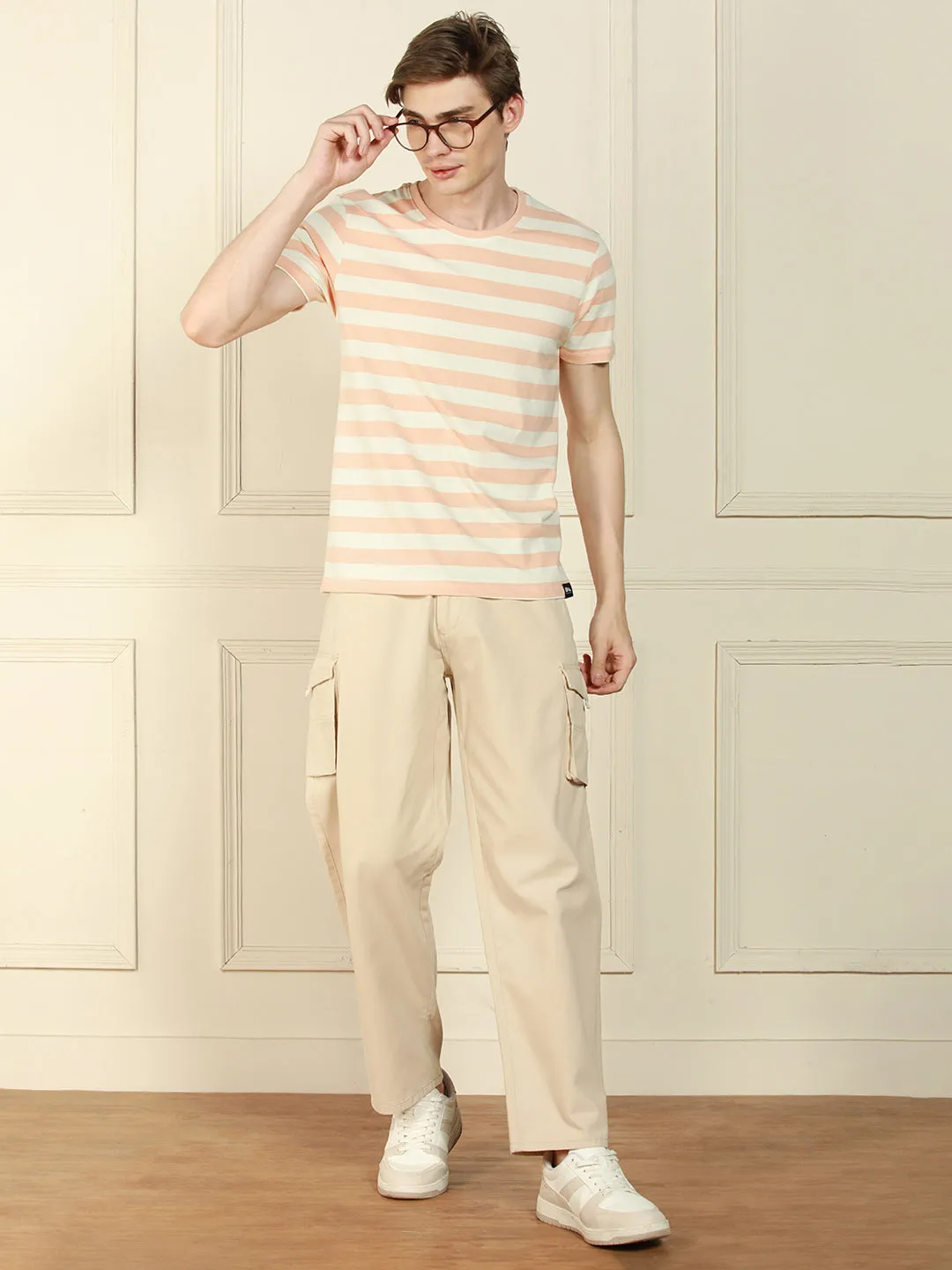 Men's Peach Crew Neck Striped Cotton T-Shirt