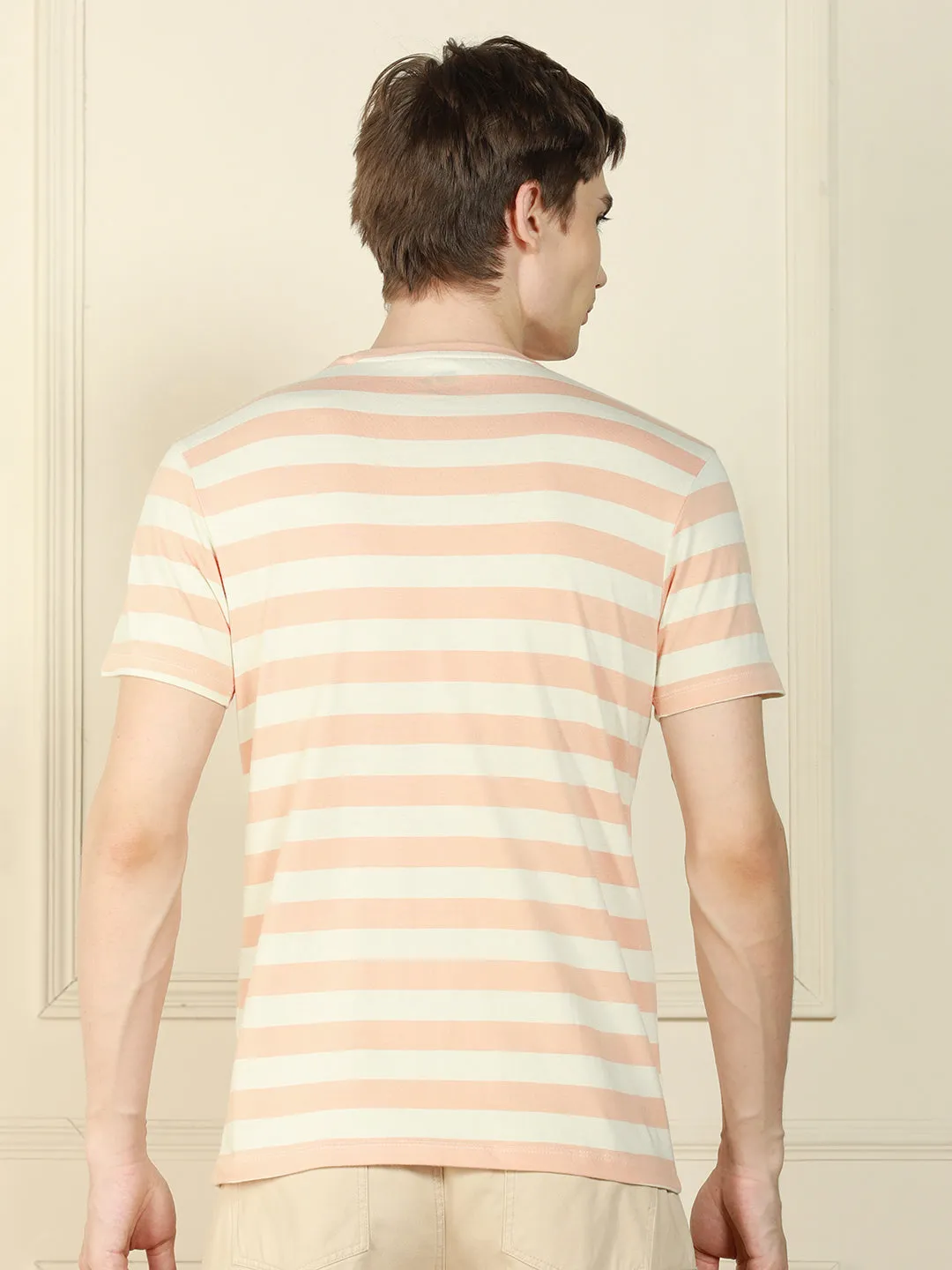 Men's Peach Crew Neck Striped Cotton T-Shirt