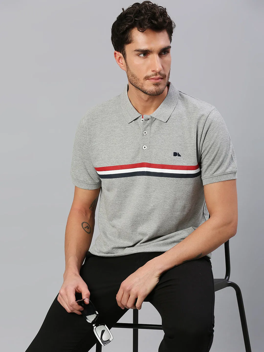 Men's Pure Cotton Striped Half Sleeves Polo T-Shirt (Grey)