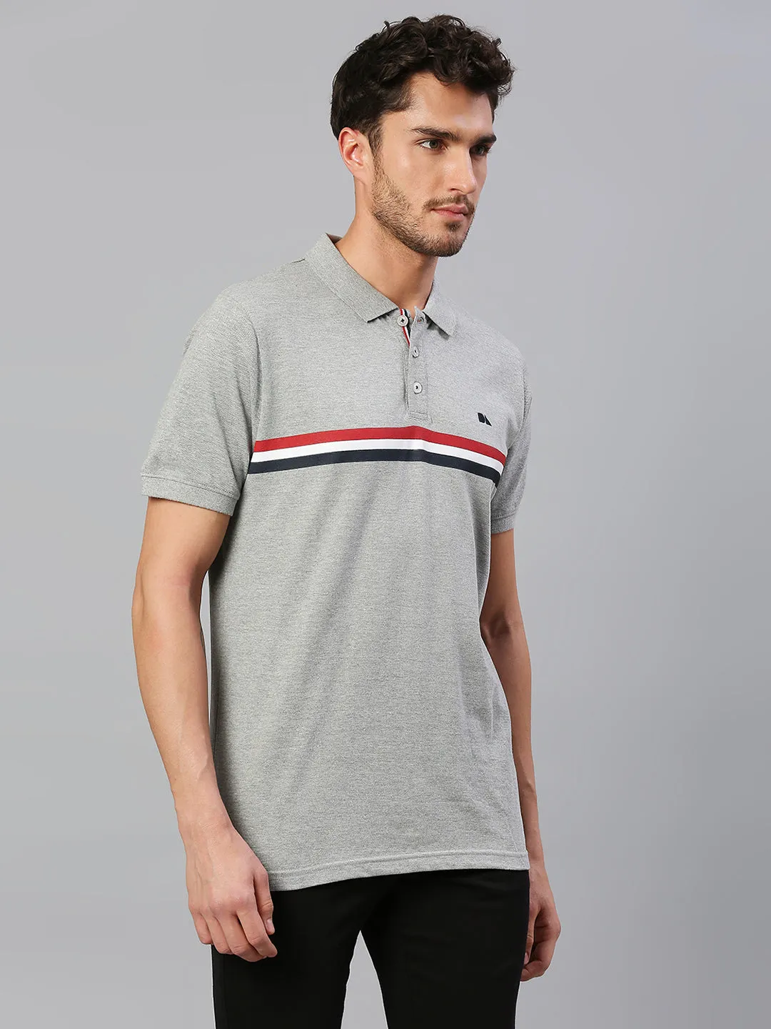 Men's Pure Cotton Striped Half Sleeves Polo T-Shirt (Grey)