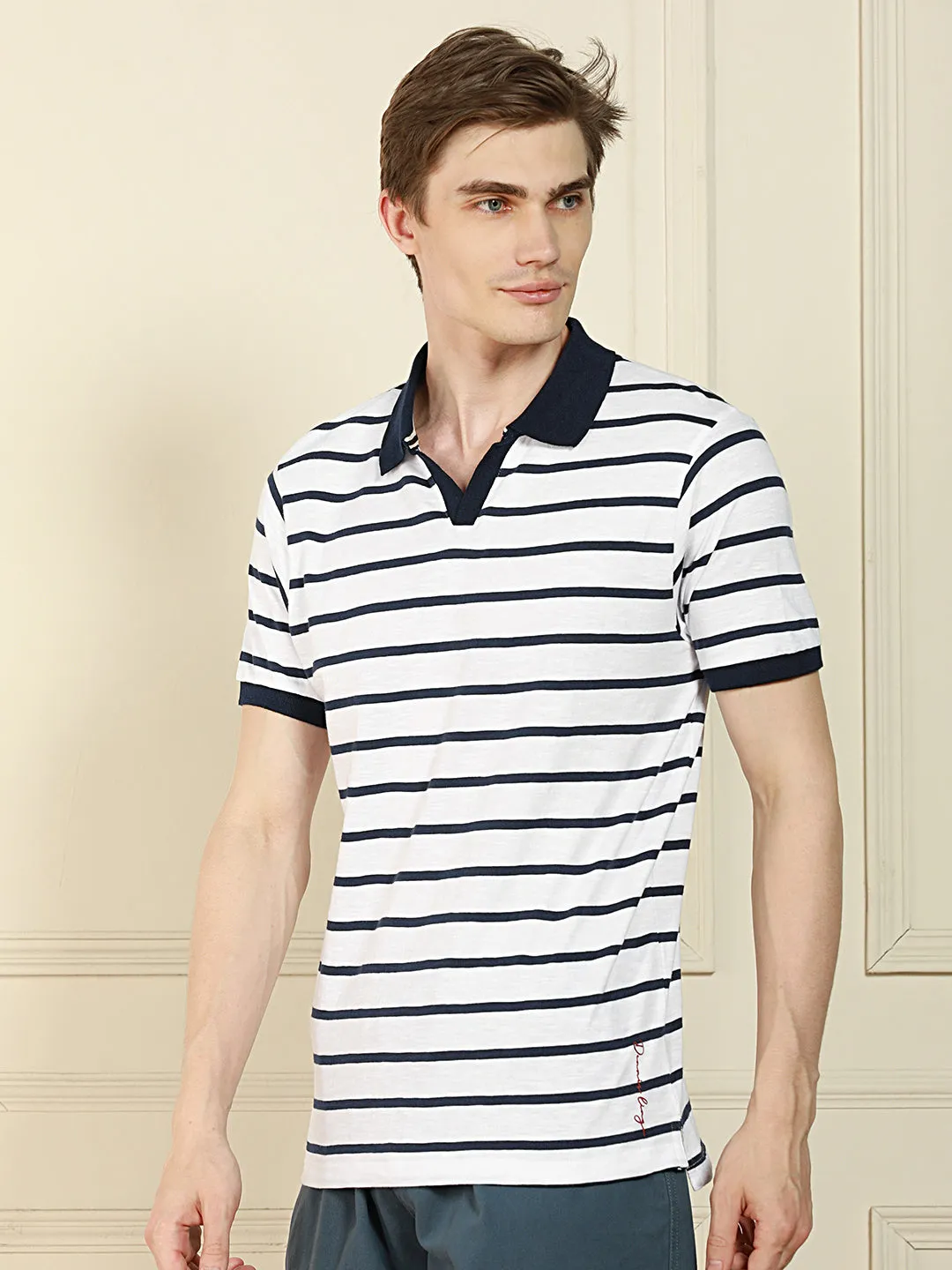 Men's White Polo Collar Striped Cotton T-Shirt