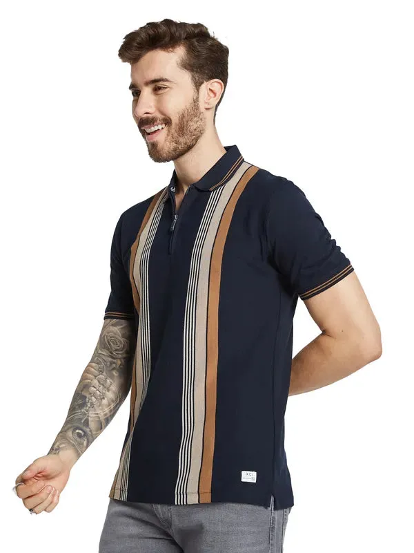 Octave Men Striped Polo Collar Applique T-Shirt