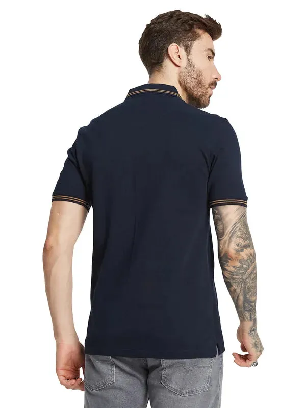 Octave Men Striped Polo Collar Applique T-Shirt