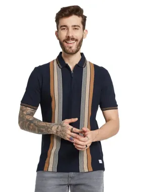 Octave Men Striped Polo Collar Applique T-Shirt