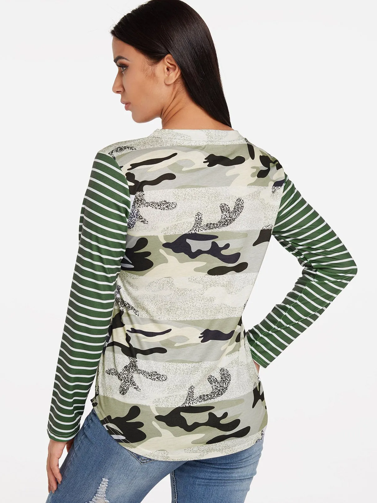 OEM ODM Crew Neck Stripe Camouflage Long Sleeve Green T-Shirts