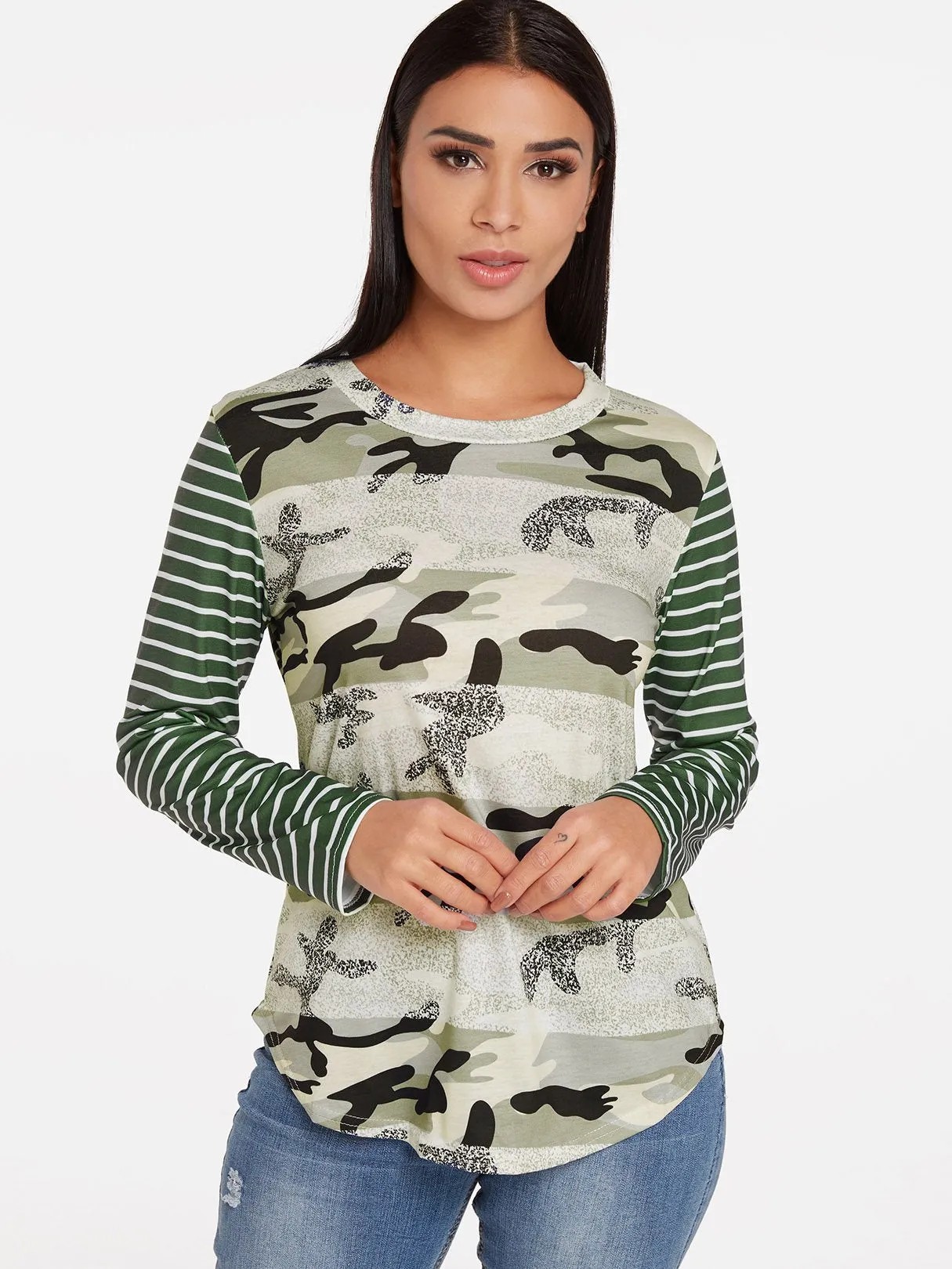 OEM ODM Crew Neck Stripe Camouflage Long Sleeve Green T-Shirts