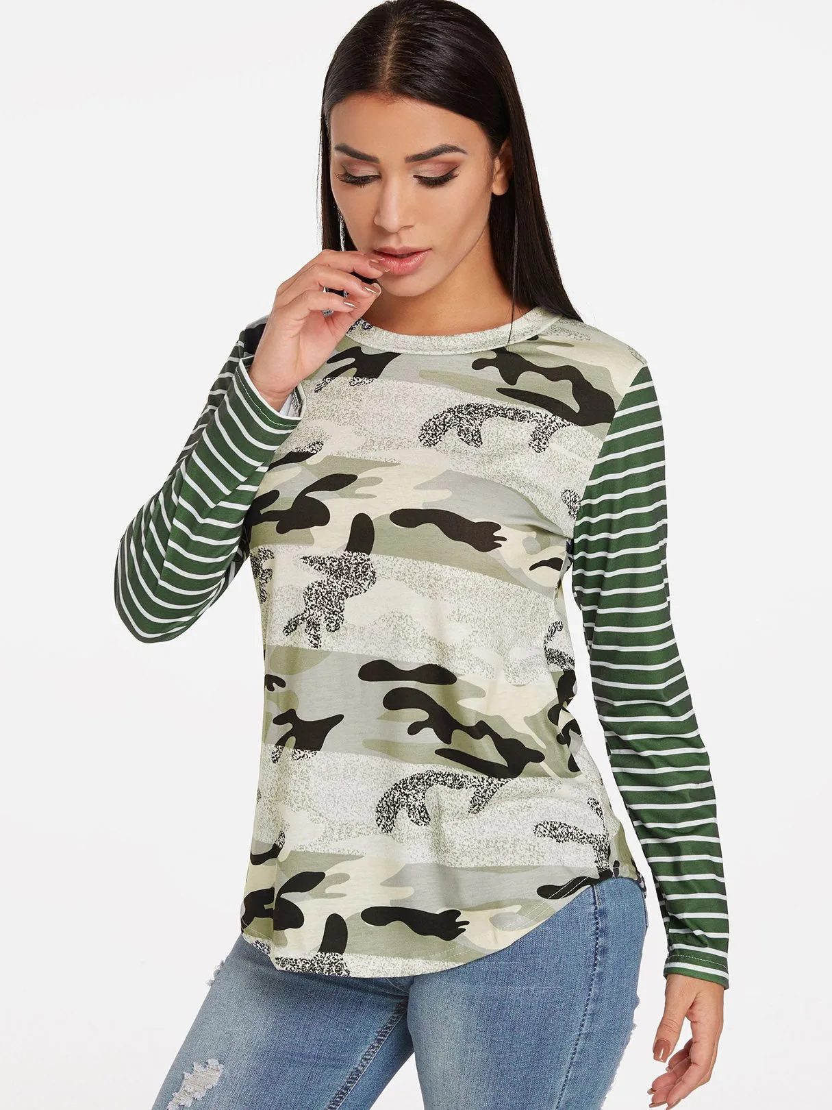 OEM ODM Crew Neck Stripe Camouflage Long Sleeve Green T-Shirts