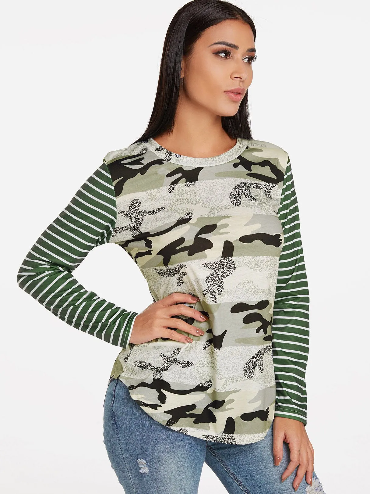 OEM ODM Crew Neck Stripe Camouflage Long Sleeve Green T-Shirts