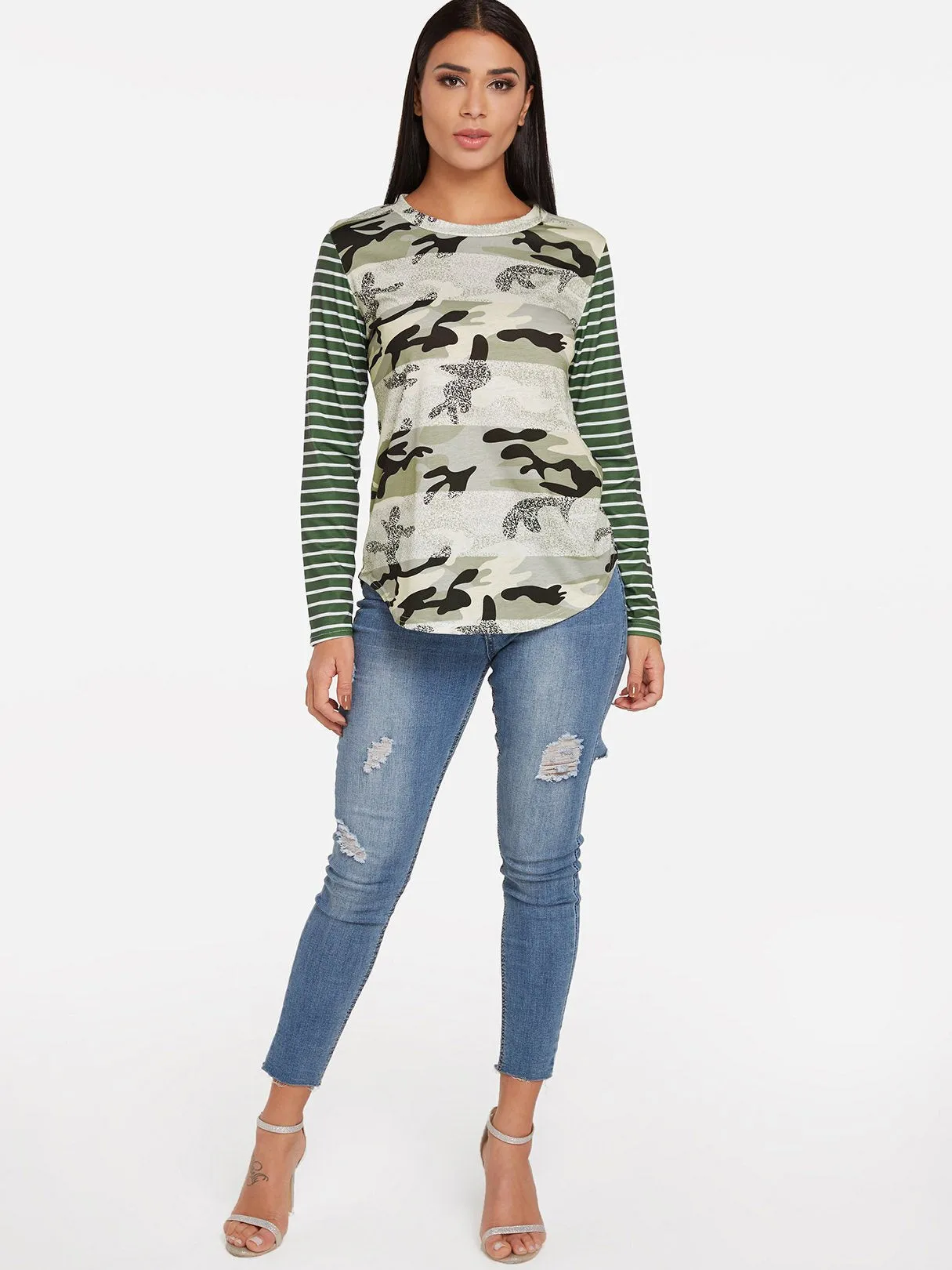 OEM ODM Crew Neck Stripe Camouflage Long Sleeve Green T-Shirts