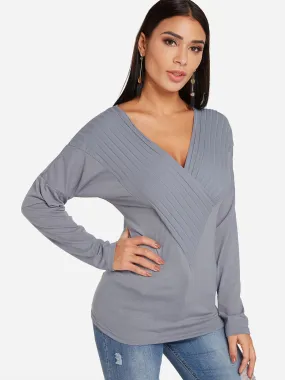 OEM ODM Deep V Neck Plain Crossed Front Long Sleeve Grey T-Shirts