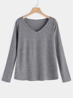 OEM ODM Deep V Neck Plain Long Sleeve Grey T-Shirts