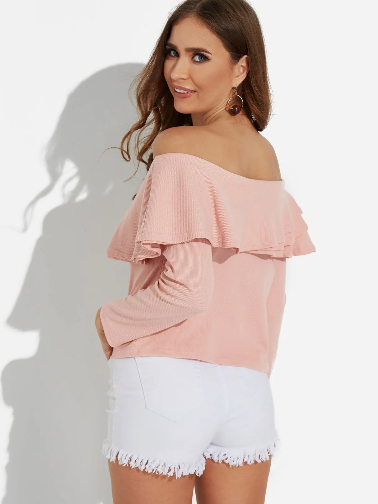 OEM ODM Off The Shoulder Plain Backless Long Sleeve Ruffle Hem Pink T-Shirts