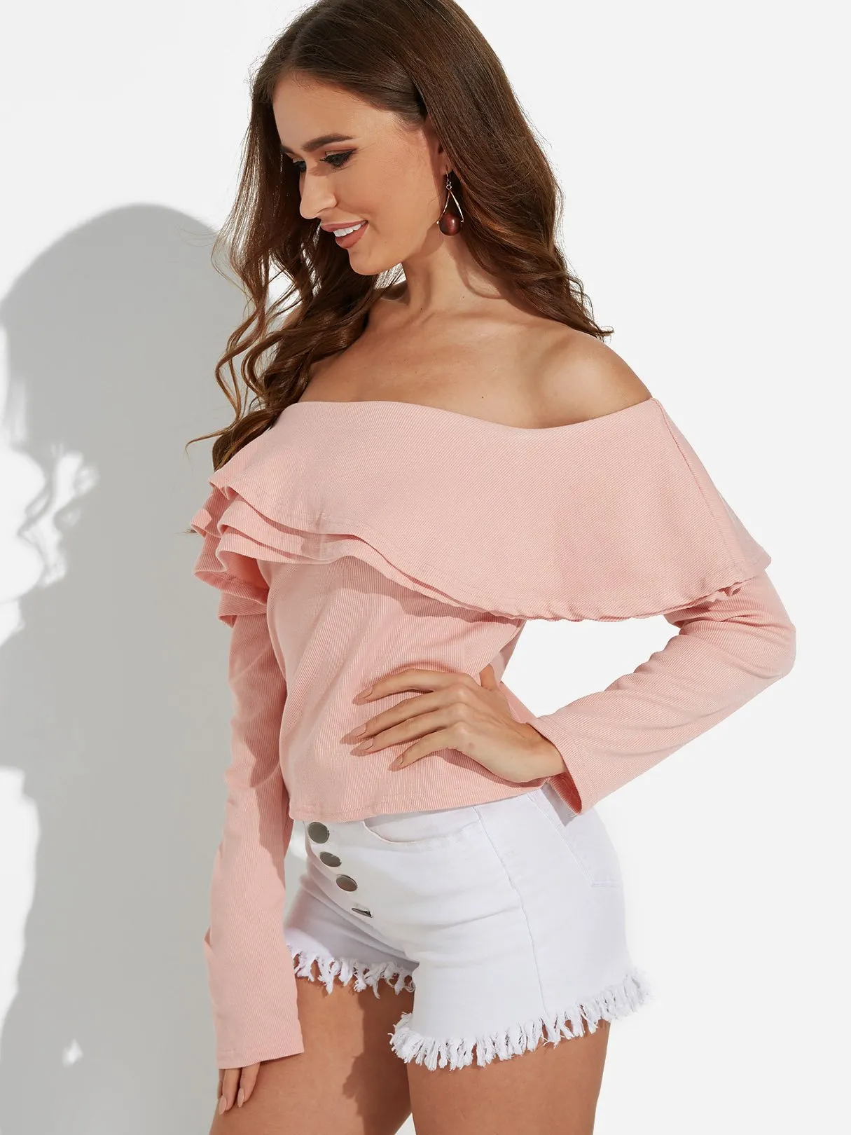 OEM ODM Off The Shoulder Plain Backless Long Sleeve Ruffle Hem Pink T-Shirts