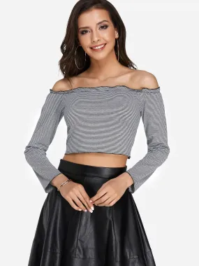 OEM ODM Off The Shoulder Stripe Long Sleeve Black Top