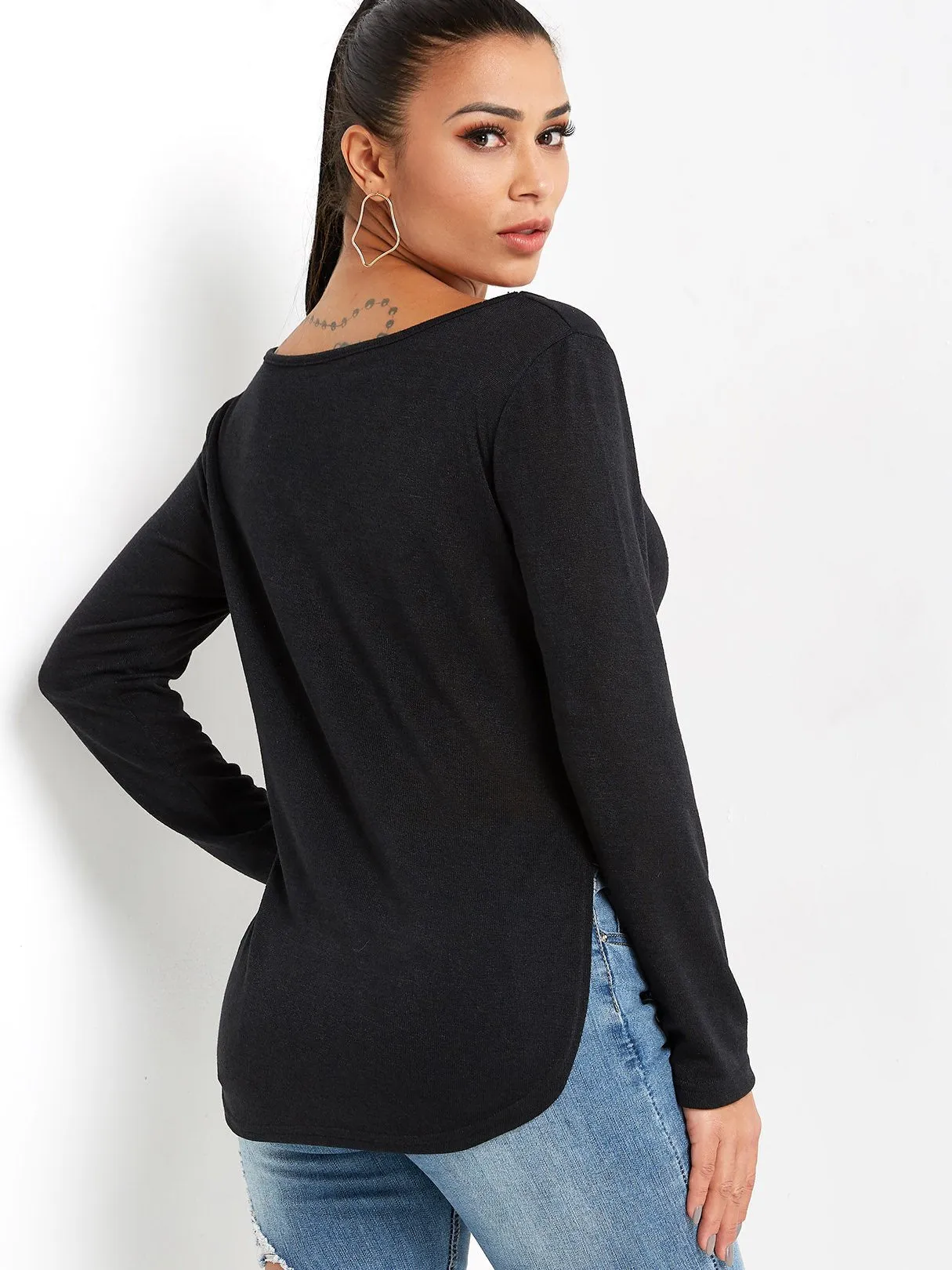 OEM ODM One Shoulder Plain Slit Long Sleeve Curved Hem Black T-Shirts