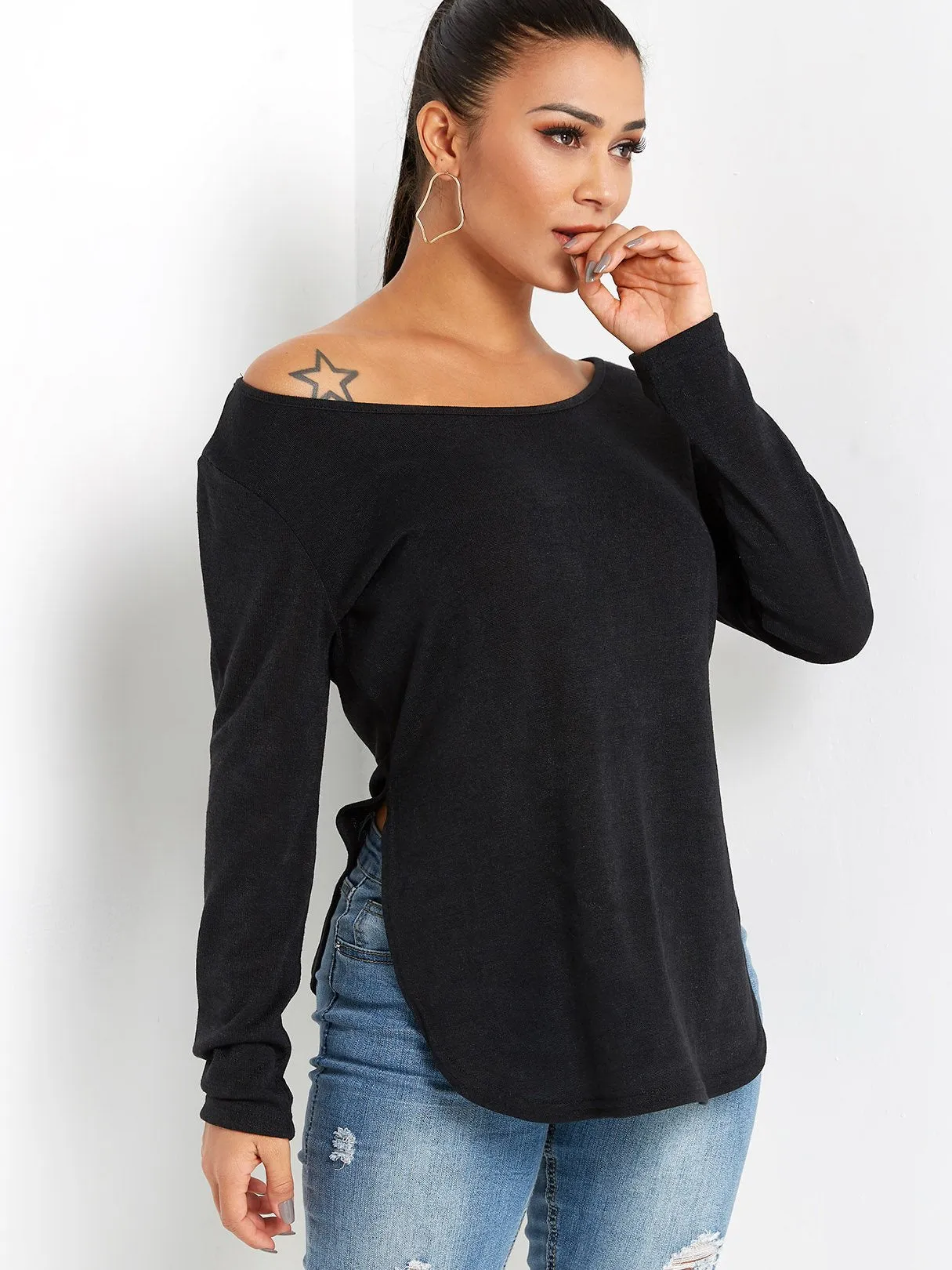 OEM ODM One Shoulder Plain Slit Long Sleeve Curved Hem Black T-Shirts