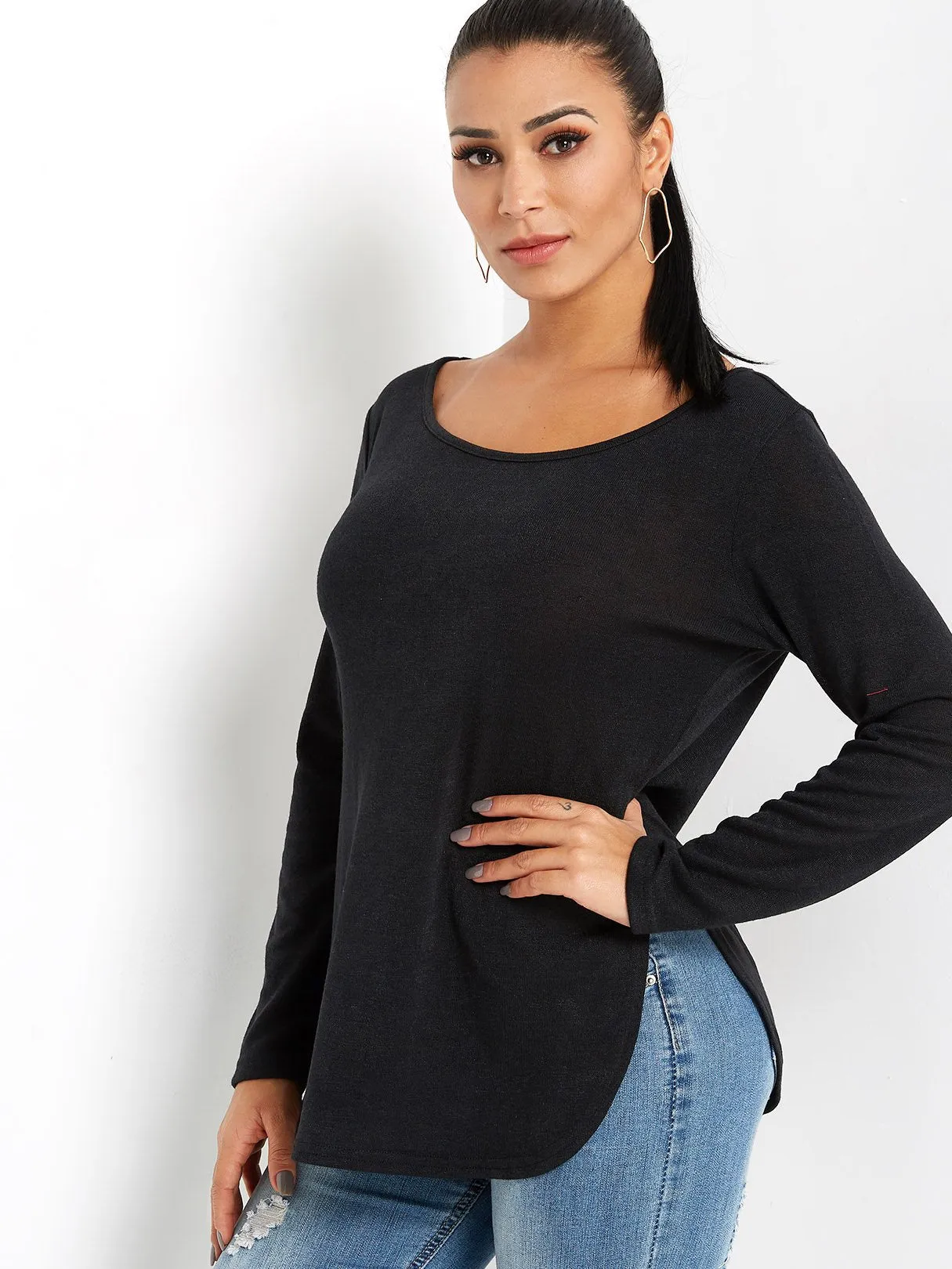 OEM ODM One Shoulder Plain Slit Long Sleeve Curved Hem Black T-Shirts