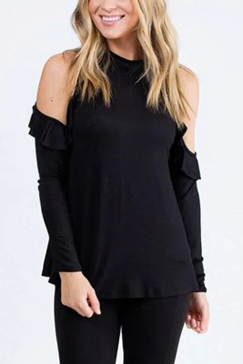 OEM ODM Round Neck Cold Shoulder Plain Long Sleeve Black Top