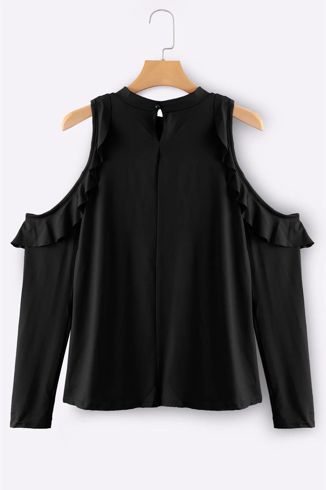 OEM ODM Round Neck Cold Shoulder Plain Long Sleeve Black Top