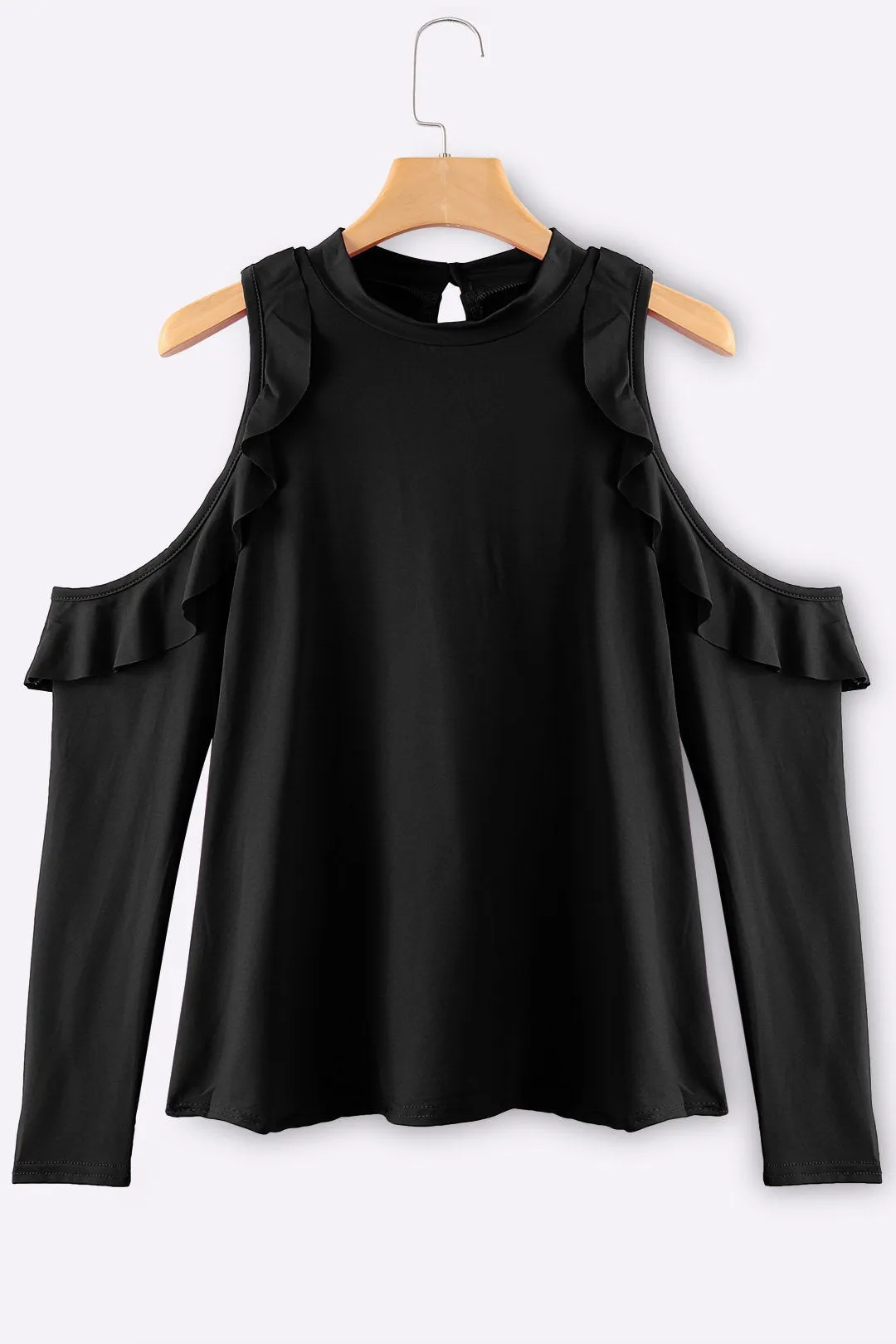 OEM ODM Round Neck Cold Shoulder Plain Long Sleeve Black Top