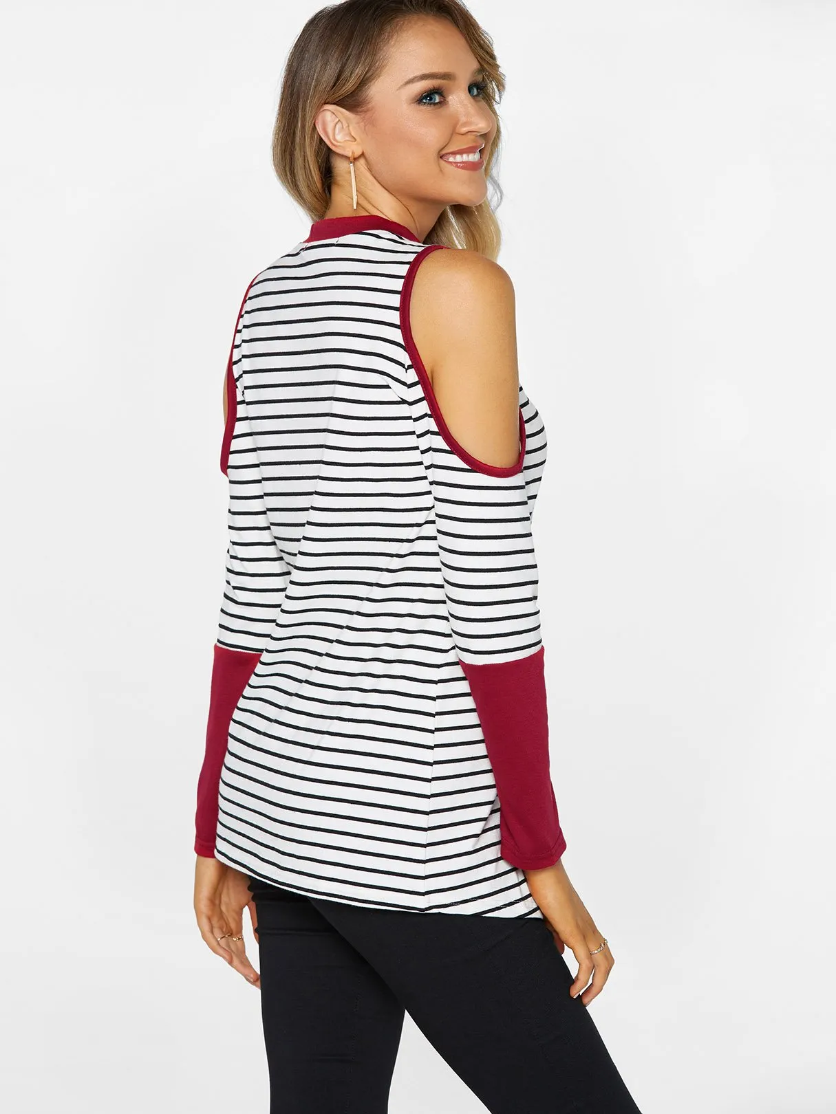 OEM ODM Round Neck Halter Cold Shoulder Stripe Long Sleeve Curved Hem Red T-Shirts