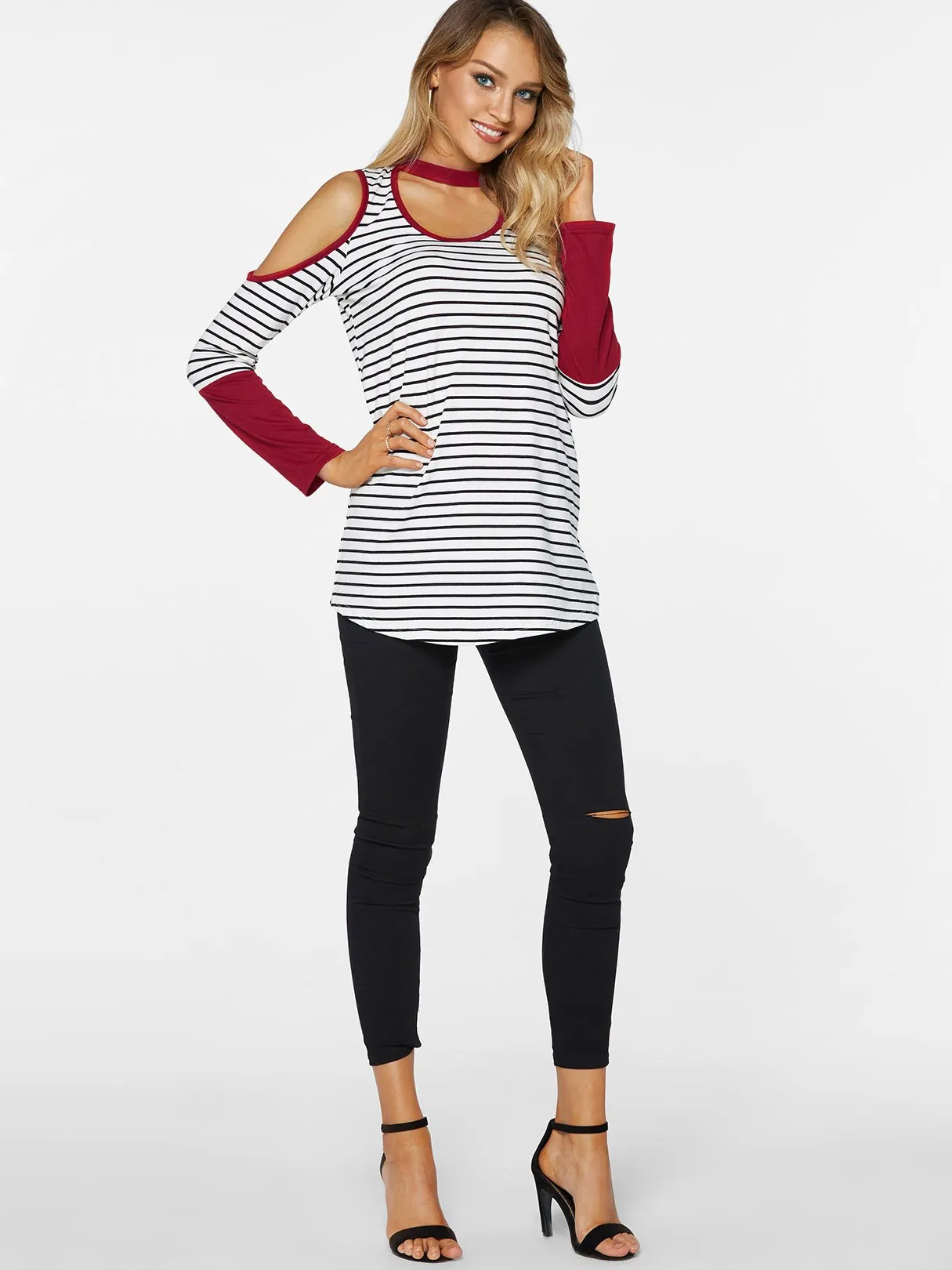 OEM ODM Round Neck Halter Cold Shoulder Stripe Long Sleeve Curved Hem Red T-Shirts