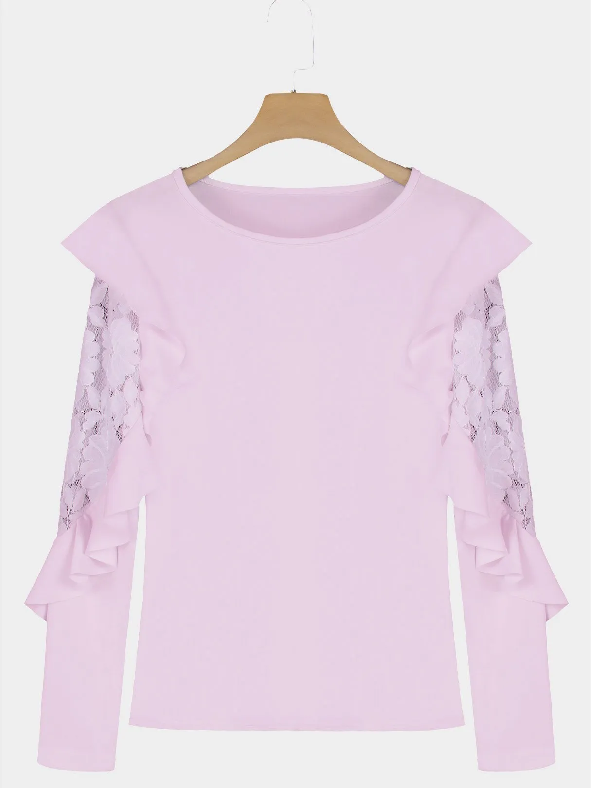 OEM ODM Round Neck Plain Lace Long Sleeve Flounced Hem Pink T-Shirts