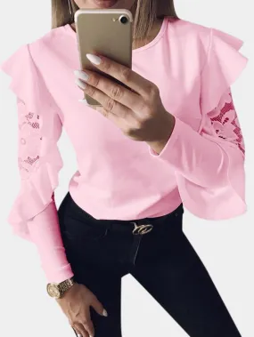 OEM ODM Round Neck Plain Lace Long Sleeve Flounced Hem Pink T-Shirts