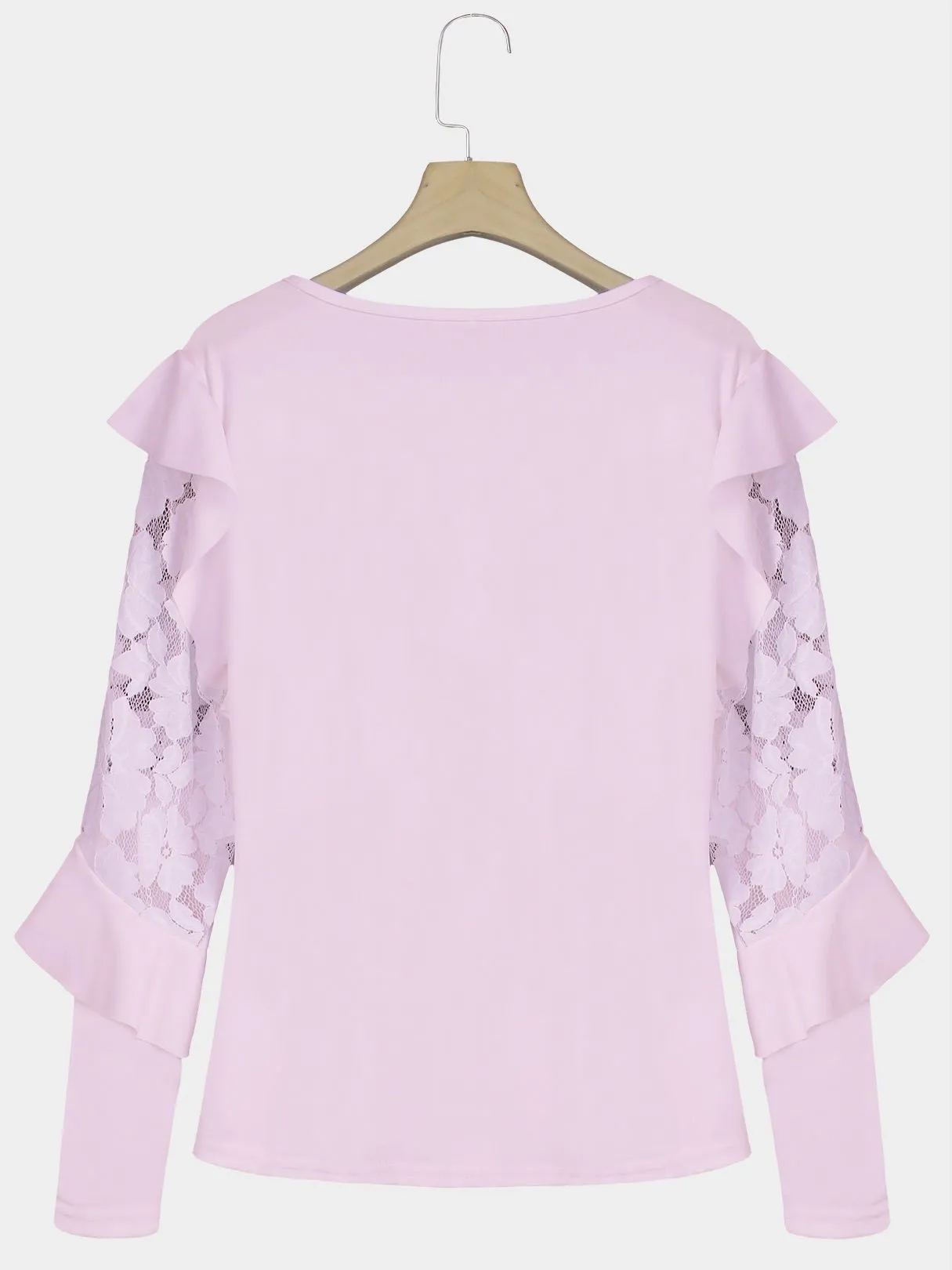 OEM ODM Round Neck Plain Lace Long Sleeve Flounced Hem Pink T-Shirts