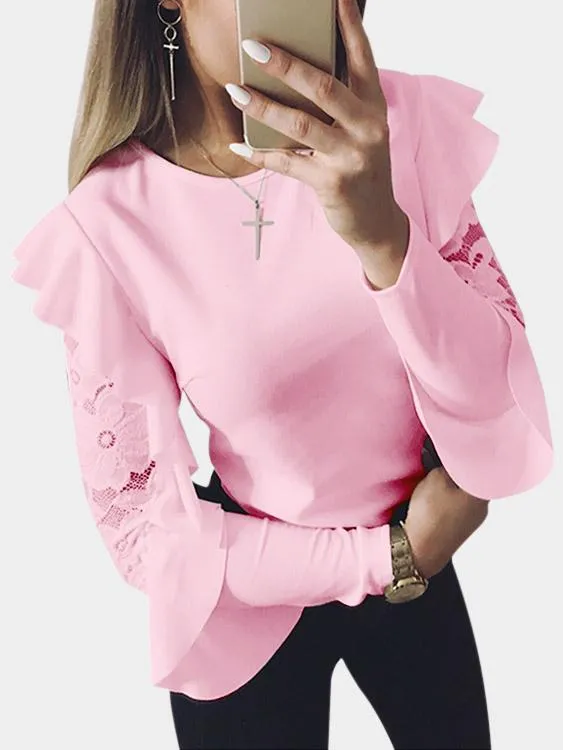 OEM ODM Round Neck Plain Lace Long Sleeve Flounced Hem Pink T-Shirts