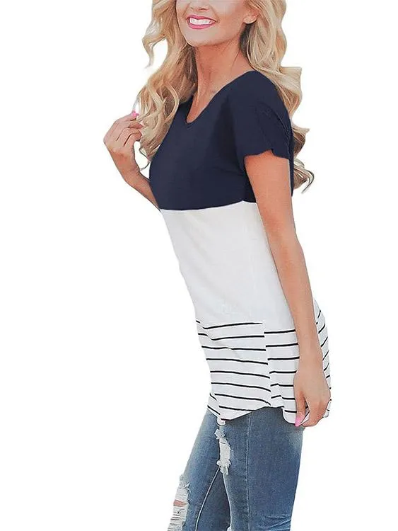 OEM ODM Round Neck Stripe Lace Short Sleeve Top