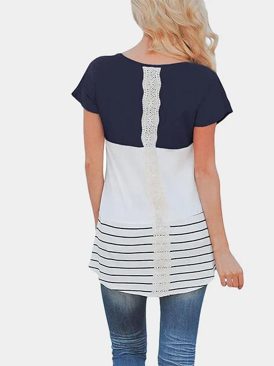 OEM ODM Round Neck Stripe Lace Short Sleeve Top