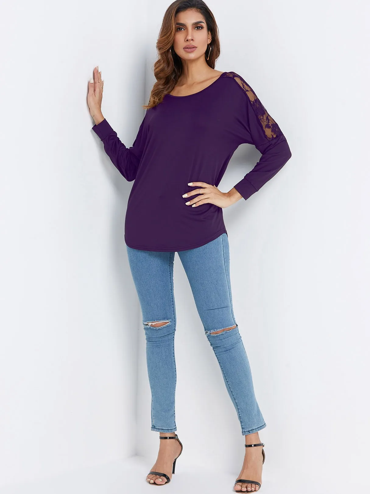 OEM ODM Scoop Neck Plain Lace Long Sleeve Purple T-Shirts