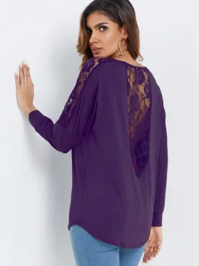 OEM ODM Scoop Neck Plain Lace Long Sleeve Purple T-Shirts