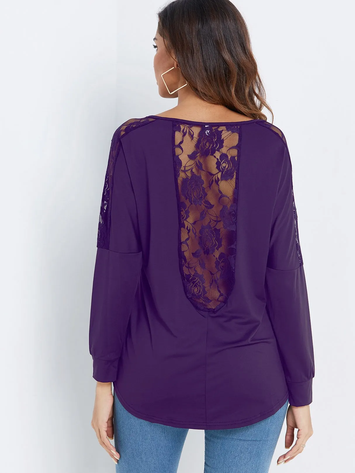 OEM ODM Scoop Neck Plain Lace Long Sleeve Purple T-Shirts